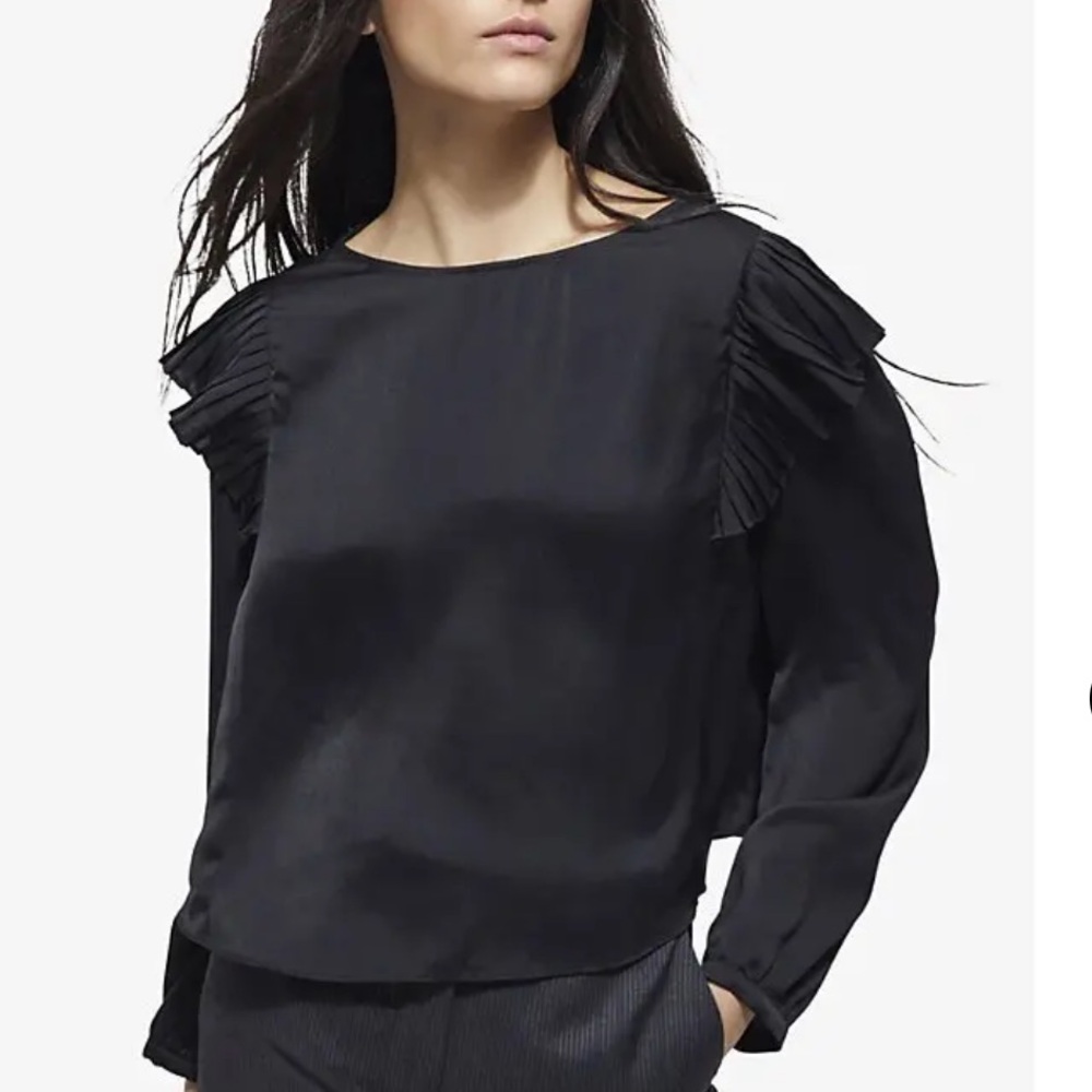 The Kooples Black Shine Pleated Frilled Shoulder Long Puff Sleeve Blouse Size 4